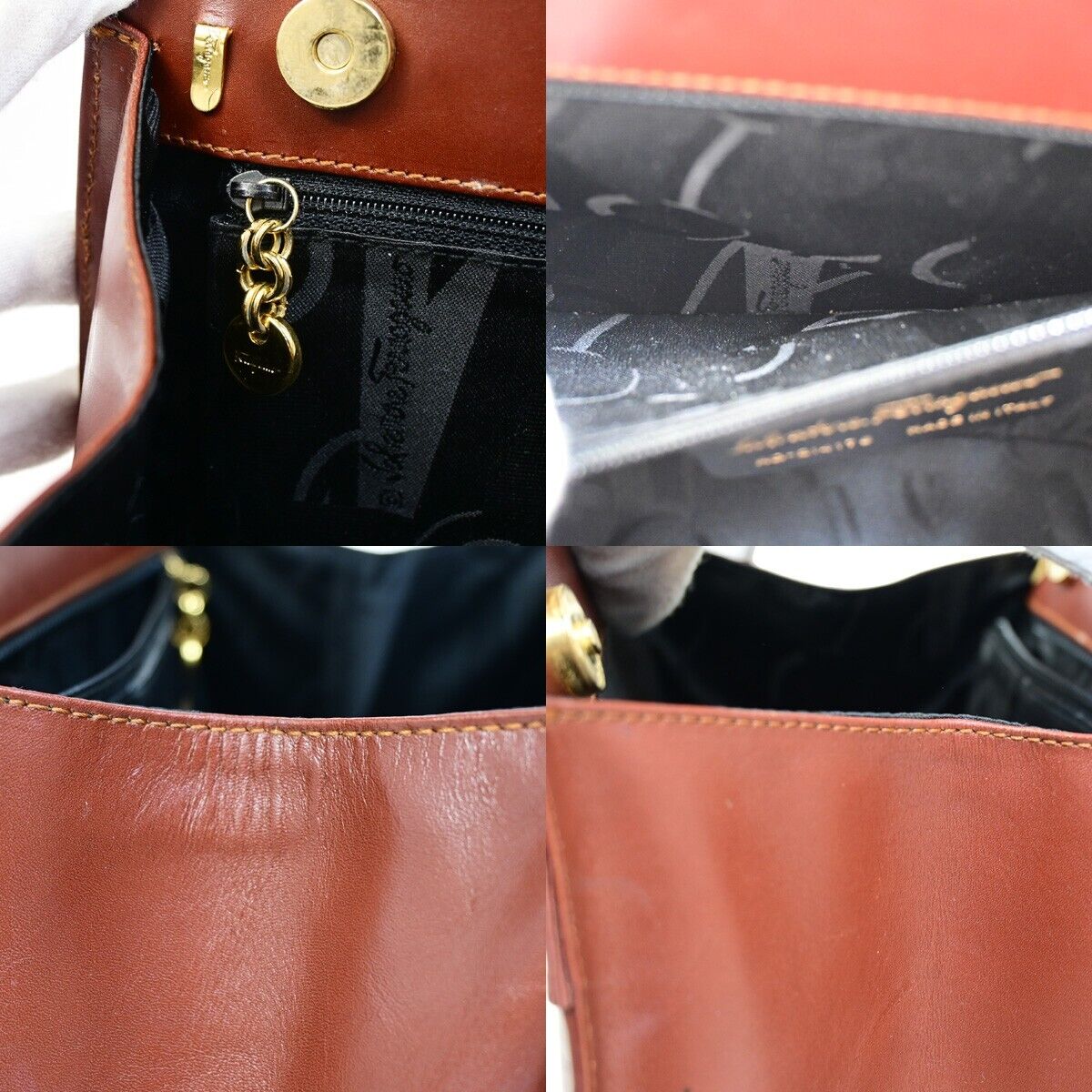 SALVATORE FERRAGAMO Vara Hand Bag Canvas Leather Brown Gold-plated Italy 61HB933