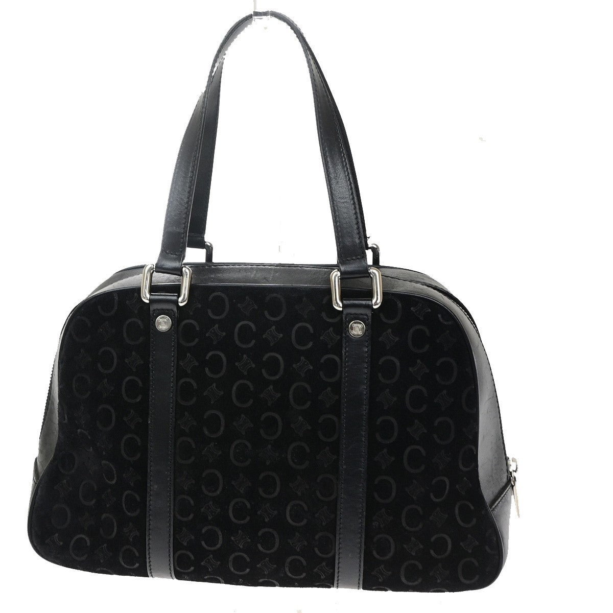 CELINE Logo C Macadam Pattern Hand Bag Suede Leather Black SHW 38CB067