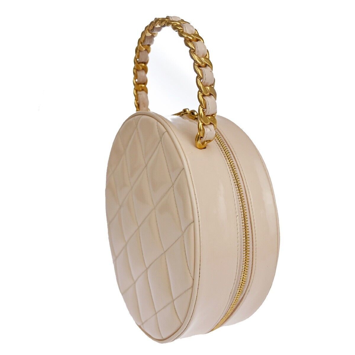 CHANEL CC Matelasse Round Vanity Chain Hand Bag Patent Leather Beige 6600LC414
