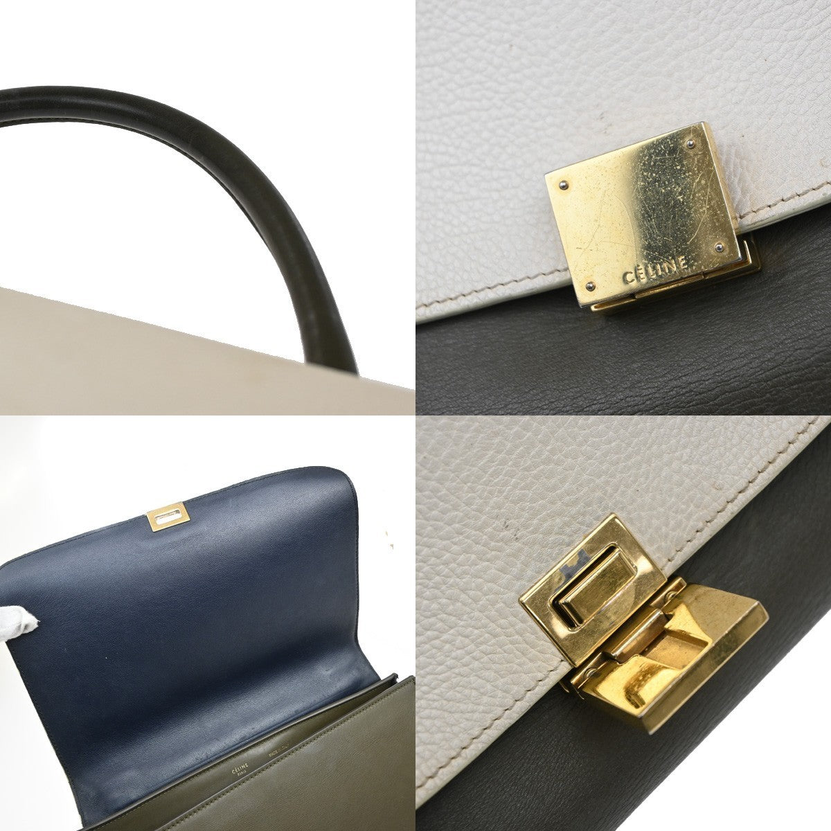 CELINE Trapeze Tricolor 2way Shoulder Bag Leather Suede Khaki White Blue 87EG174