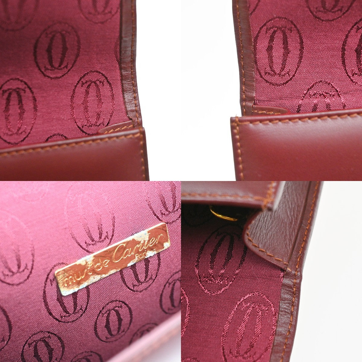 CARTIER Logo Must Line Clutch Hand Bag Leather Red Burgundy GHW 09MA544