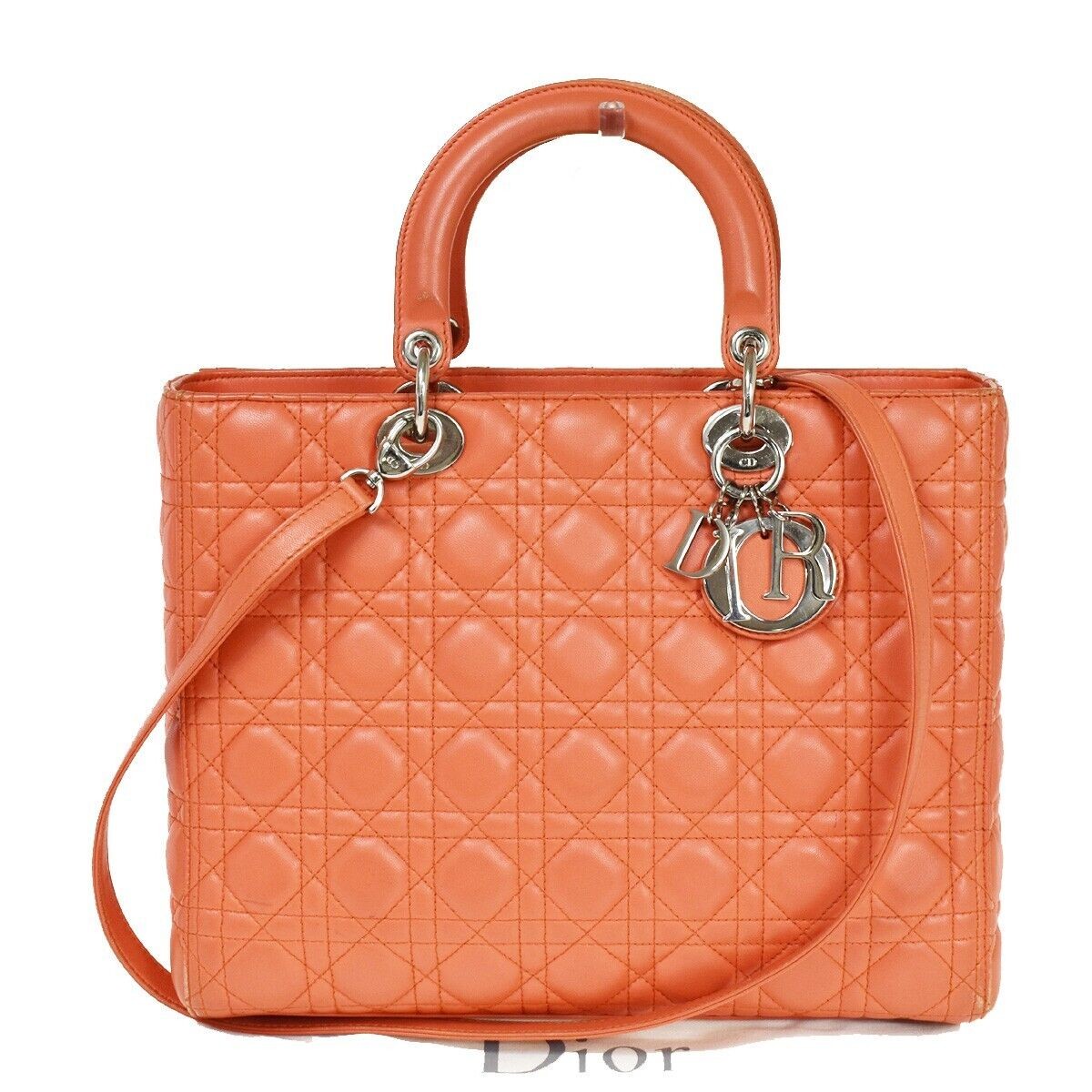CHRISTIAN DIOR Logo Lady Cannage 2Way Shoulder Hand Bag Leather Orange 691RC569