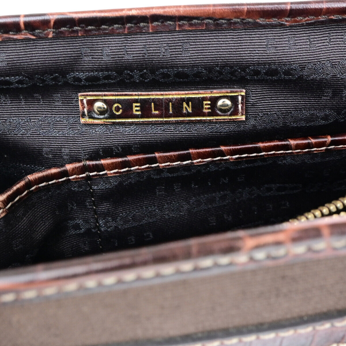 CELINE Boogie Macadam Charm Hand Tote Bag Canvas Embossing Leather Brown 69YF305