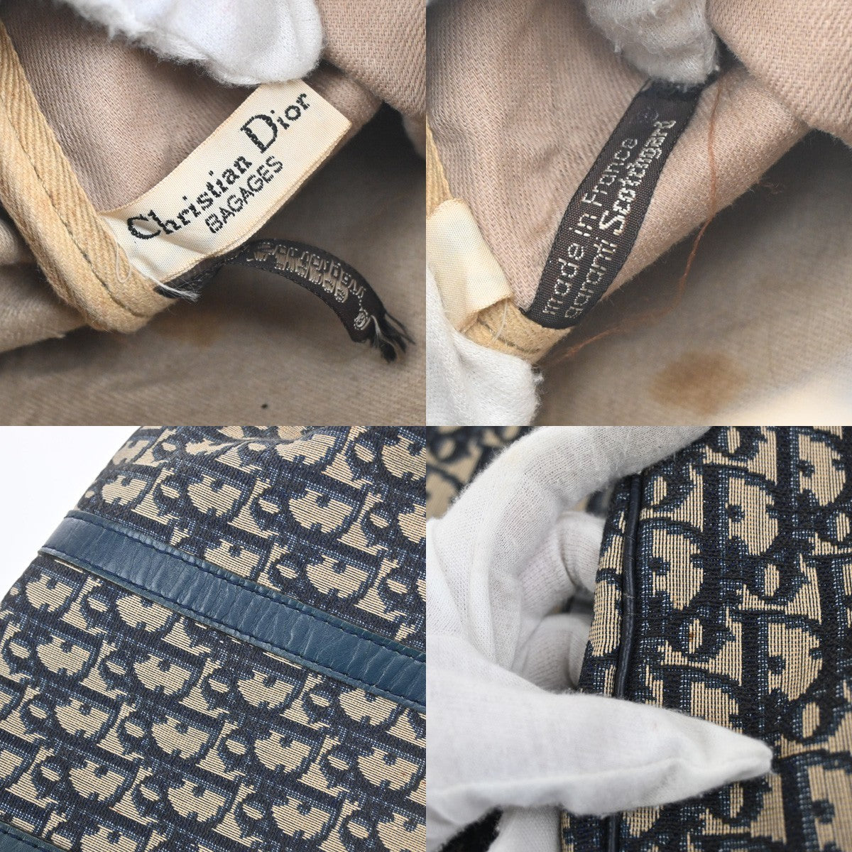 CHRISTIAN DIOR Logo Trotter Pattern Hand Bag Canvas Leather Blue France 79YH881