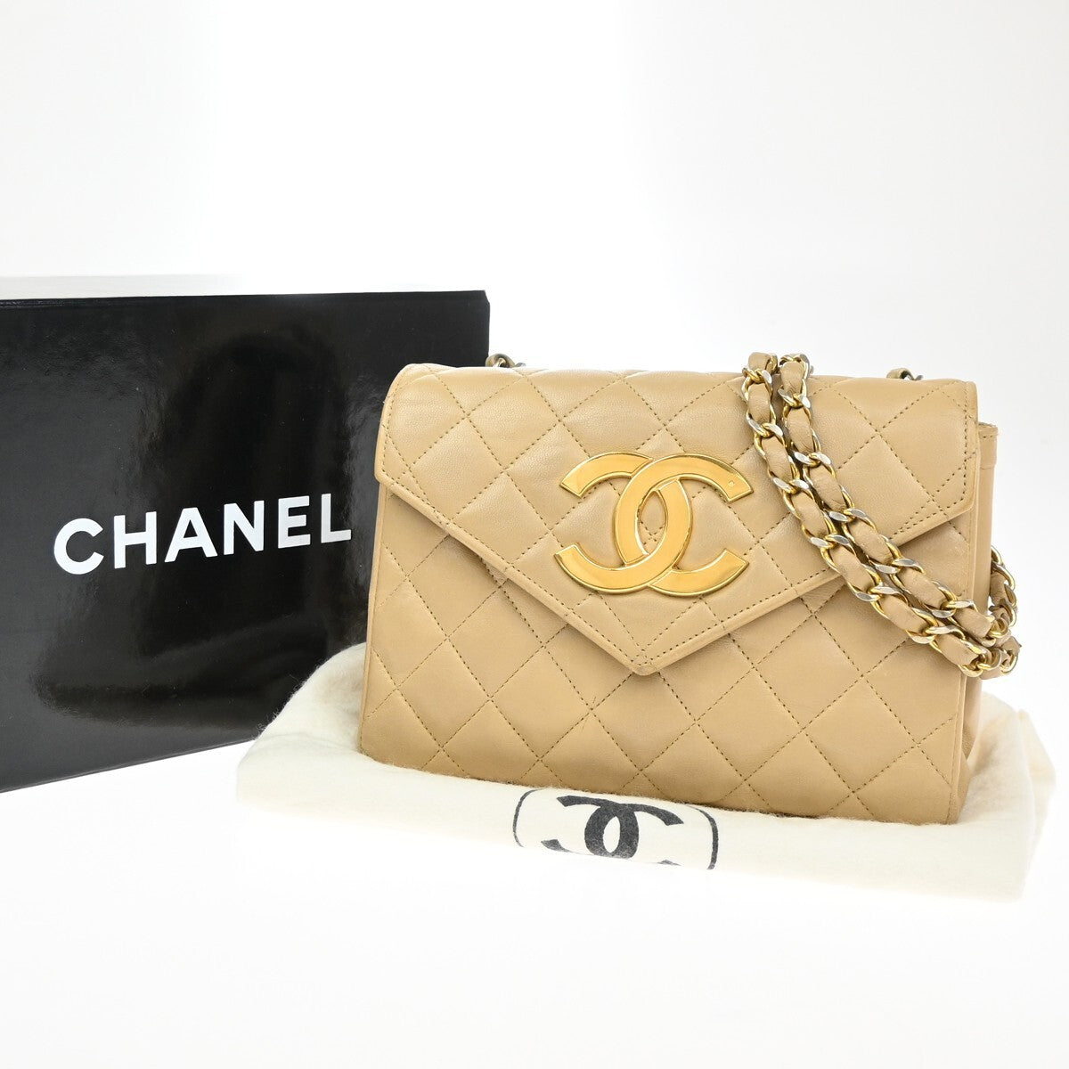 CHANEL CC Logo Mini Matelasse Chain Shoulder Bag Leather Beige GHW 675RF438