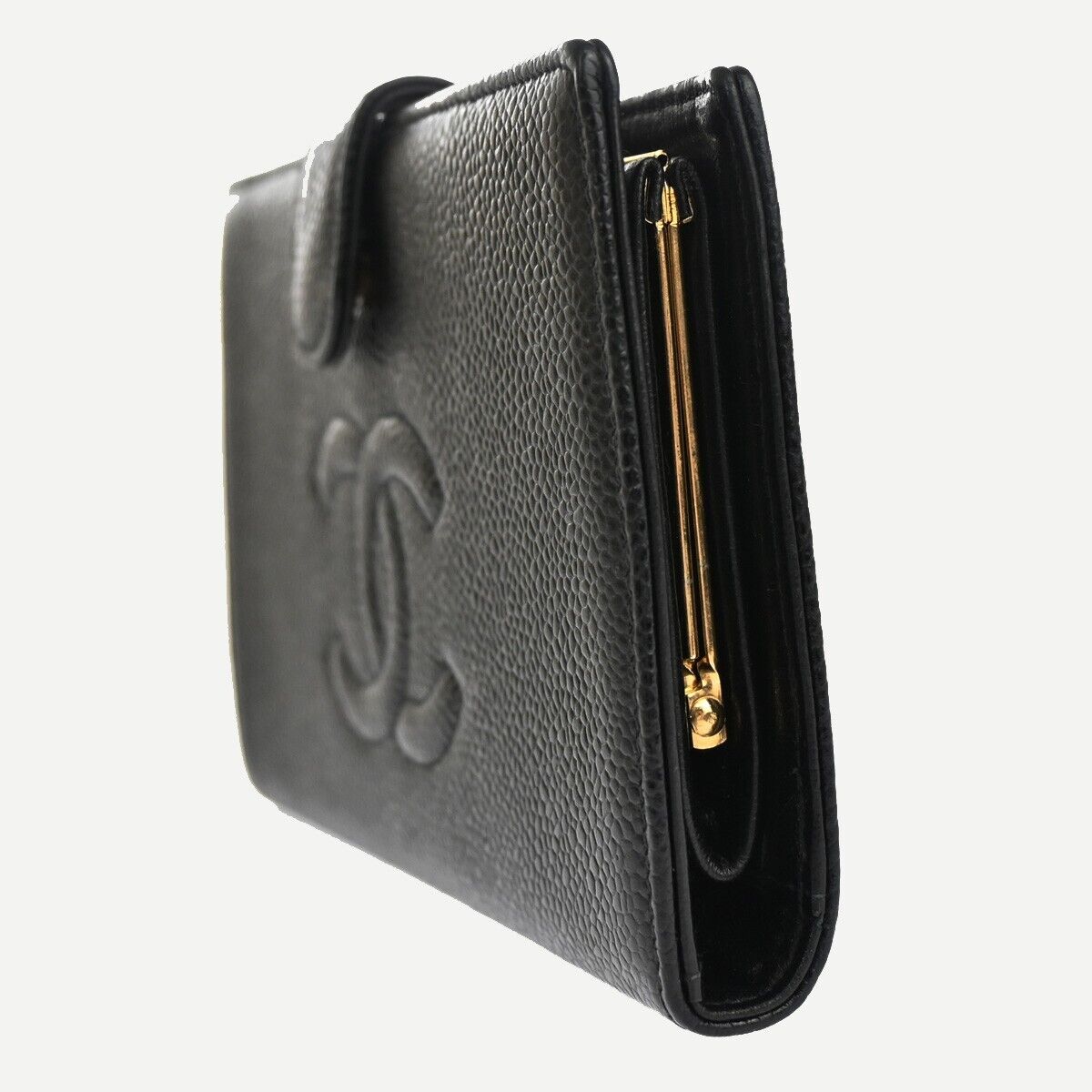 CHANEL CC LOGO Long Bifold Wallet Purse Caviar Skin Leather Black France 11RJ691