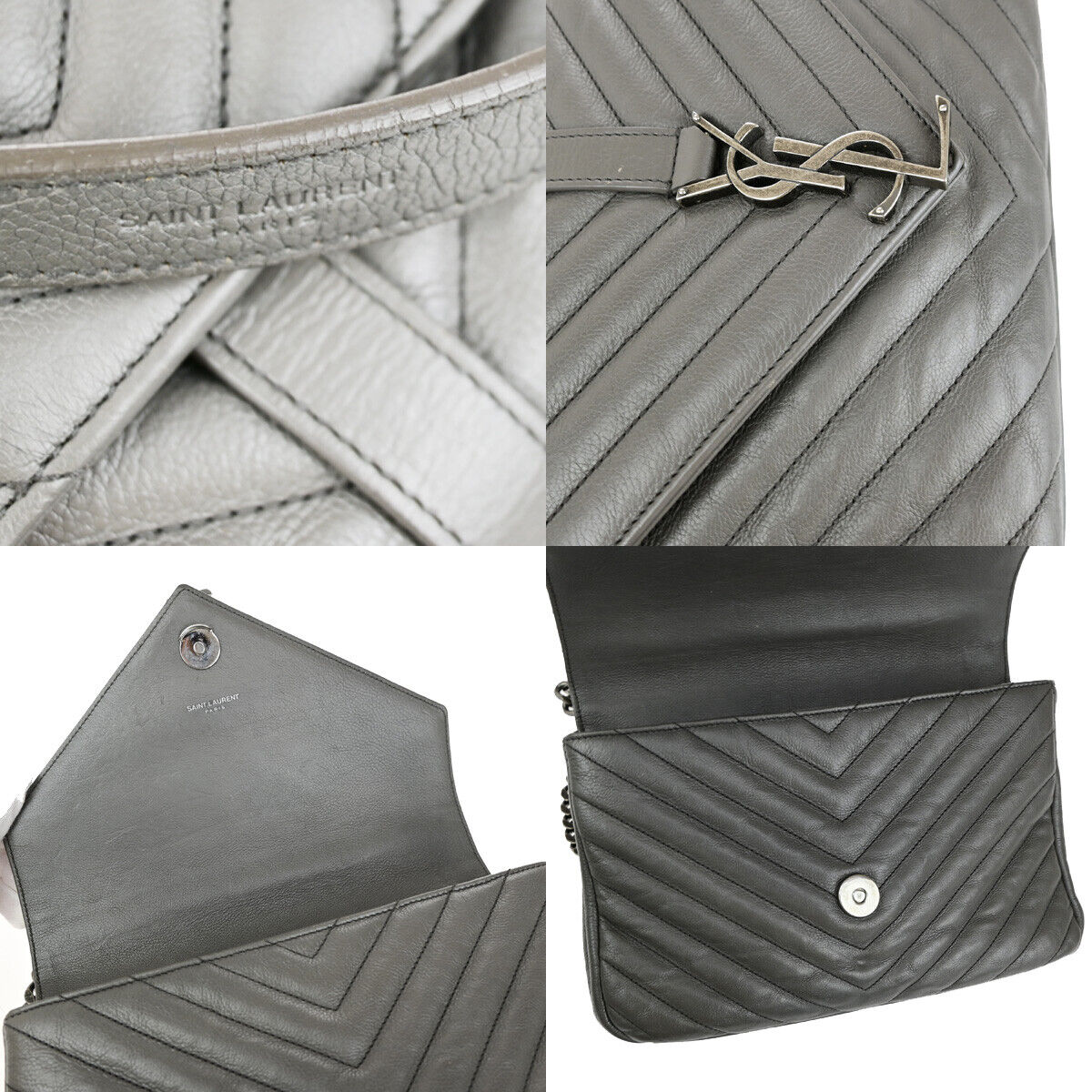 SAINT LAURENT College Medium Chain Shoulder Bag Quilted Leather Gray 667RK859