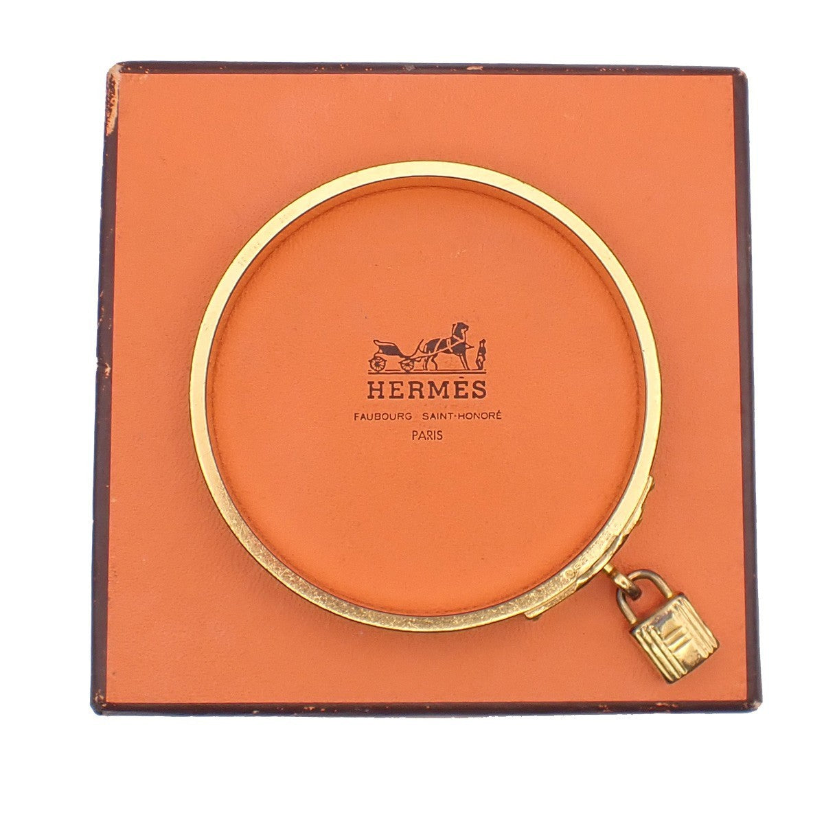 HERMES Logo Kelly Charm Bangle Bracelet Embossing Leather Green Gold 62KP350
