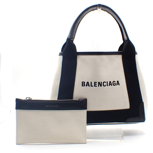 BALENCIAGA LOGO Navy Cabas XS Hand Bag Canvas Leather White Black 70KC967