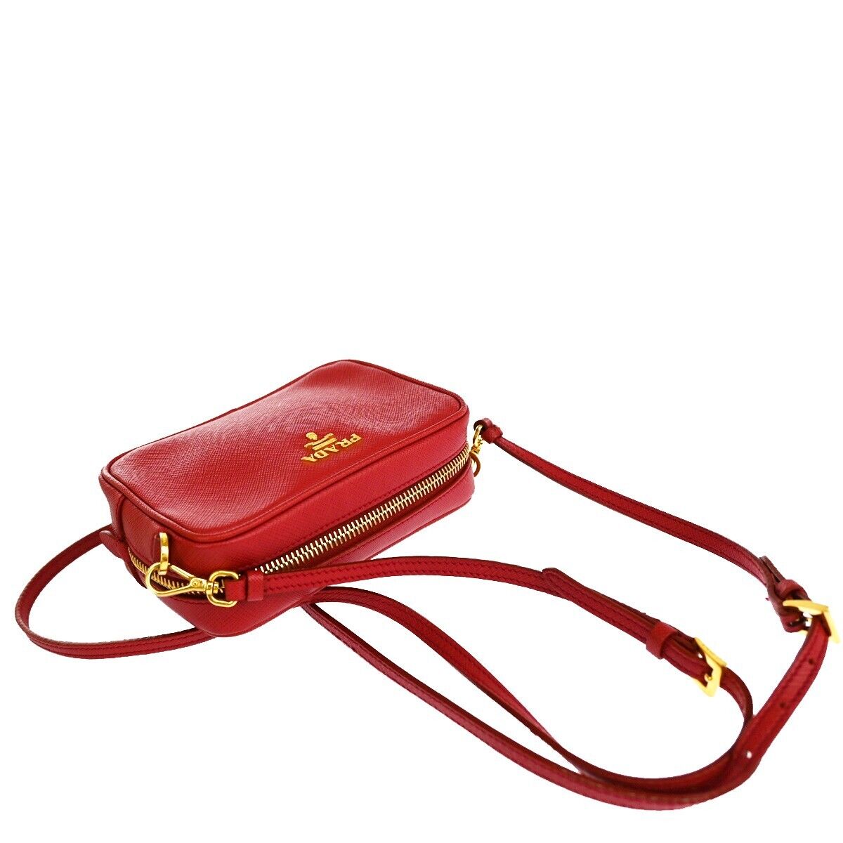 PRADA Saffiano Mini Crossbody Shoulder Bag Leather Red Fuoco Gold Italy 42RJ471