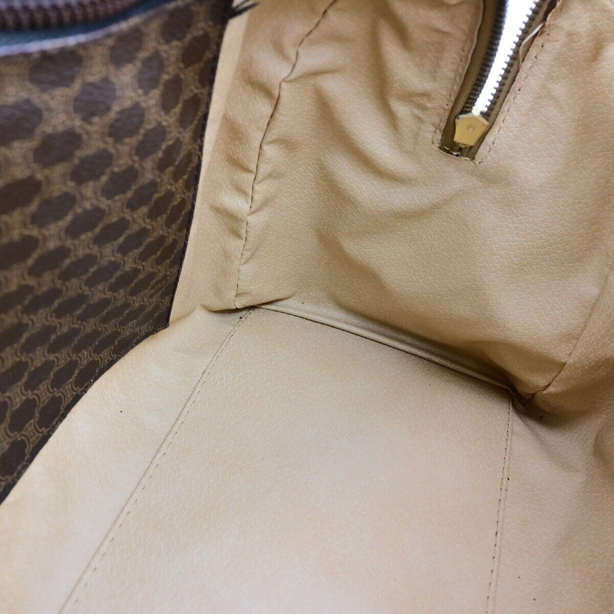 CELINE Macadam Pattern Travel Hand Bag PVC Leather Brown Gold Italy 05ED370