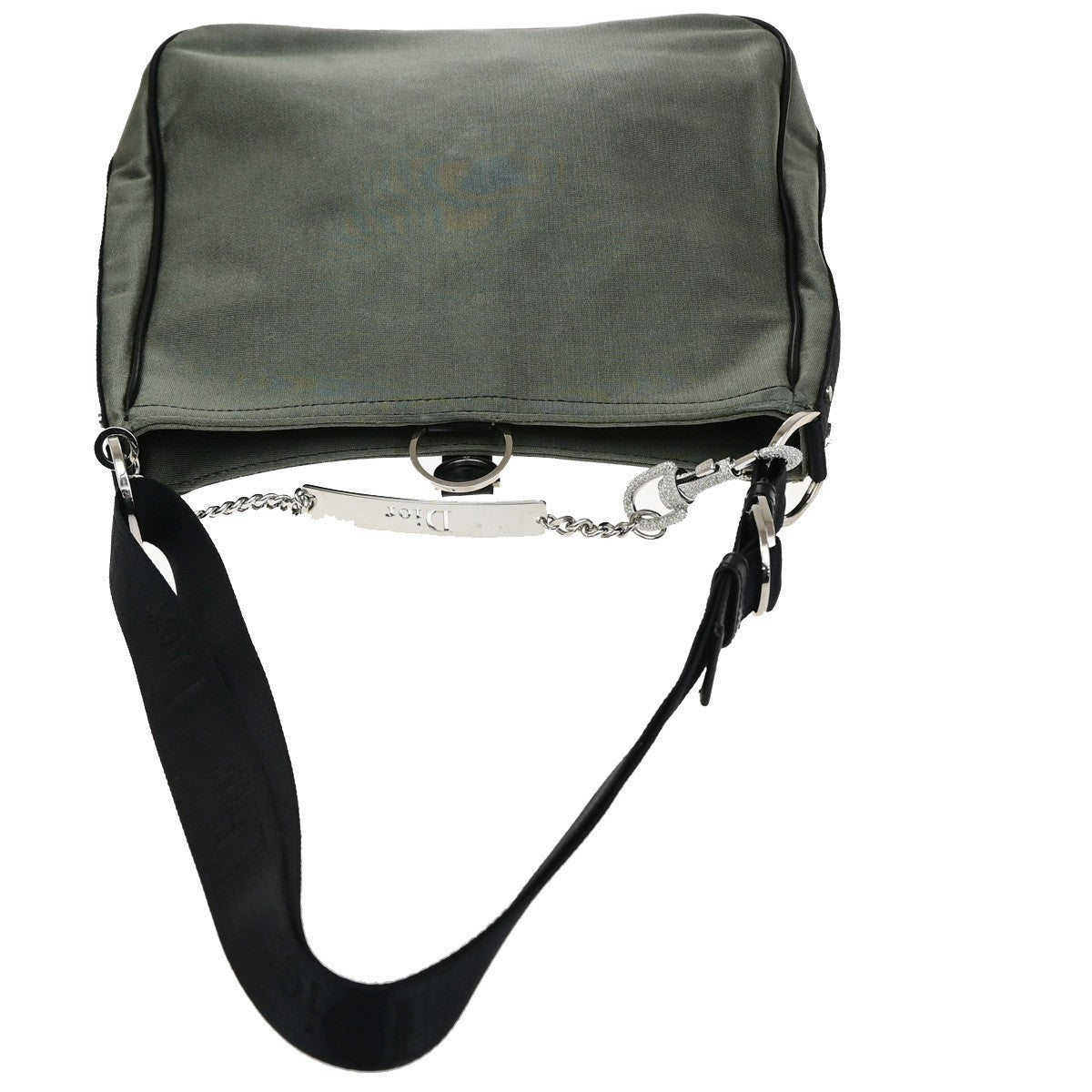 CHRISTIAN DIOR Logo Rhinestone Chain Shoulder Hand Bag Canvas Khaki 98RQ085