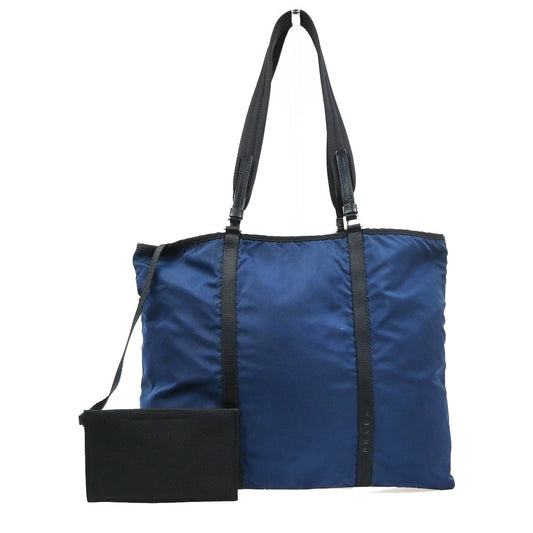 PRADA Logo Shoulder Tote Bag Nylon Canvas Leather Blue Black Italy 36MA685