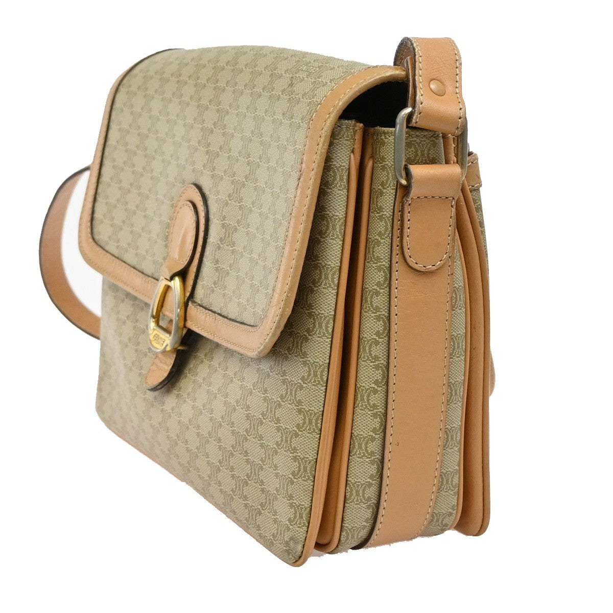 18.Live CELINE Macadam Pattern Shoulder Bag PVC Leather Beige Italy 68KP162