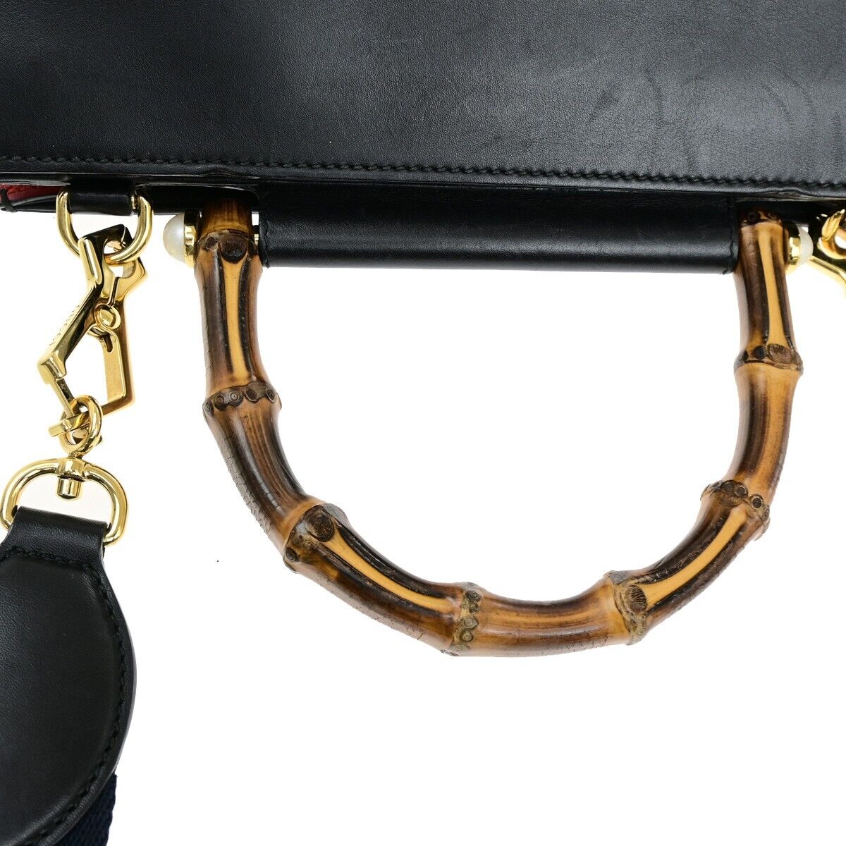 GUCCI Logo Nymphaea 2Way Shoulder Hand Bag Bamboo Leather Black Red 73ED428