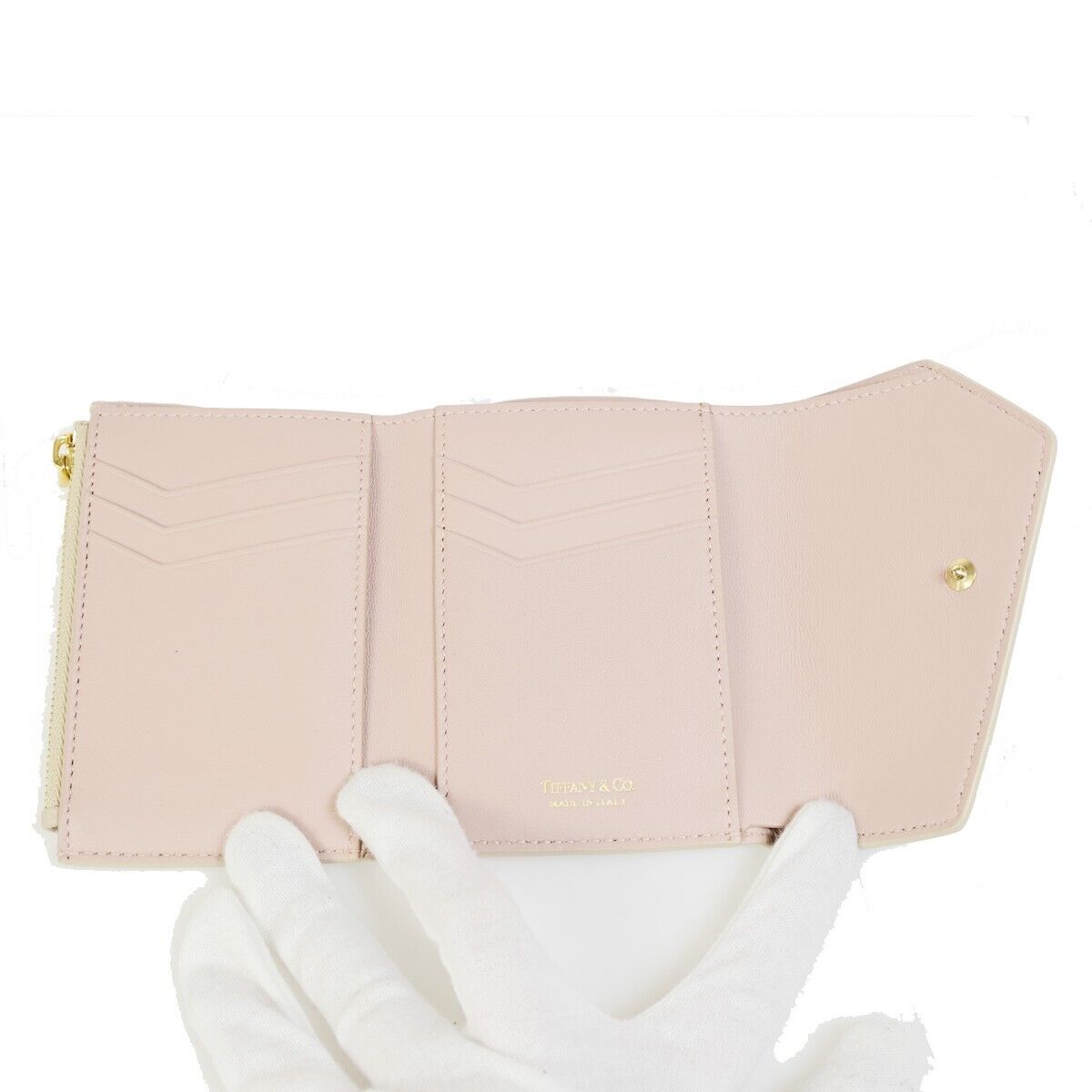 TIFFANY & CO. T Logo Trifold Wallet Purse Leather Ivory Italy 35RK257