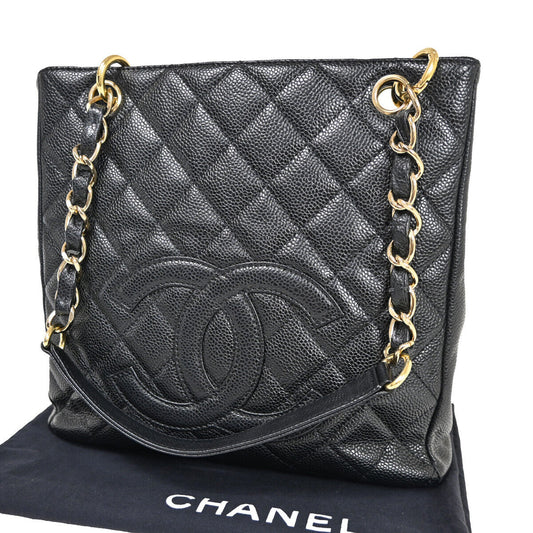 CHANEL CC Logo PST Chain Shoulder Bag Caviar Skin Leather Black GHW 304RJ587