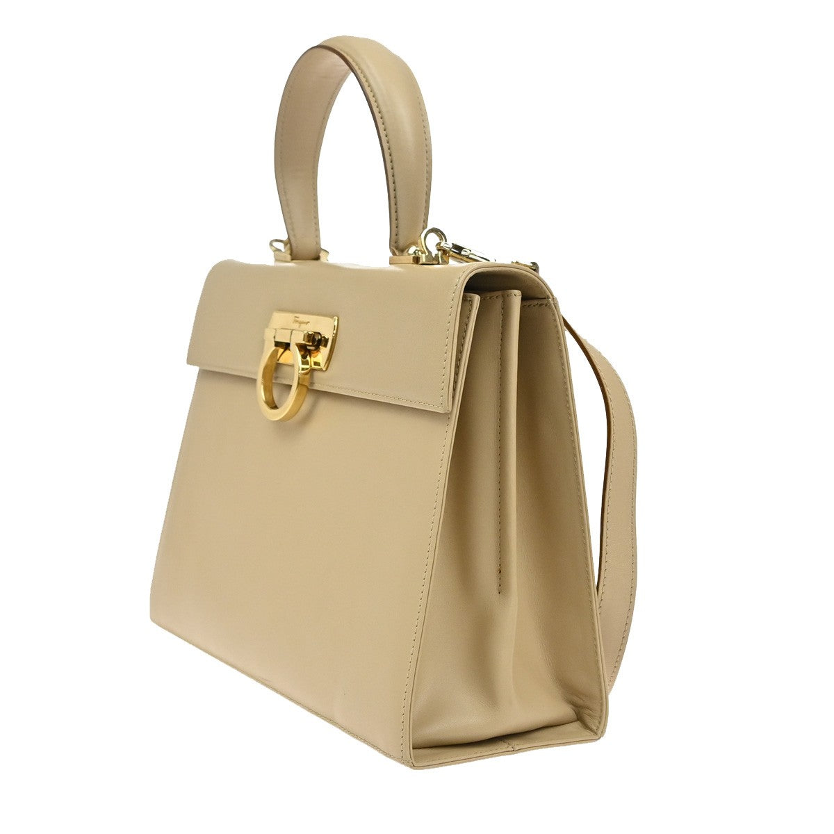 SALVATORE FERRAGAMO Gancini 2way Shoulder Hand Bag Leather Beige GHW 79RL329