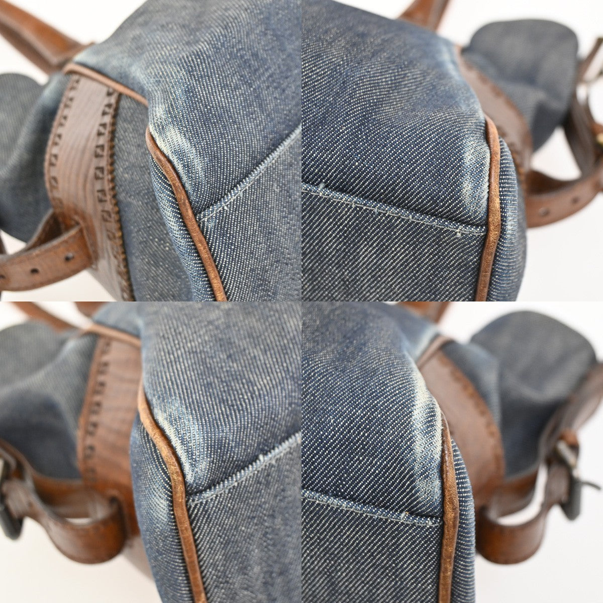 FENDI Logo Etnico Shoulder Hand Bag Denim Leather Blue Brown GHW Italy 87ZA254
