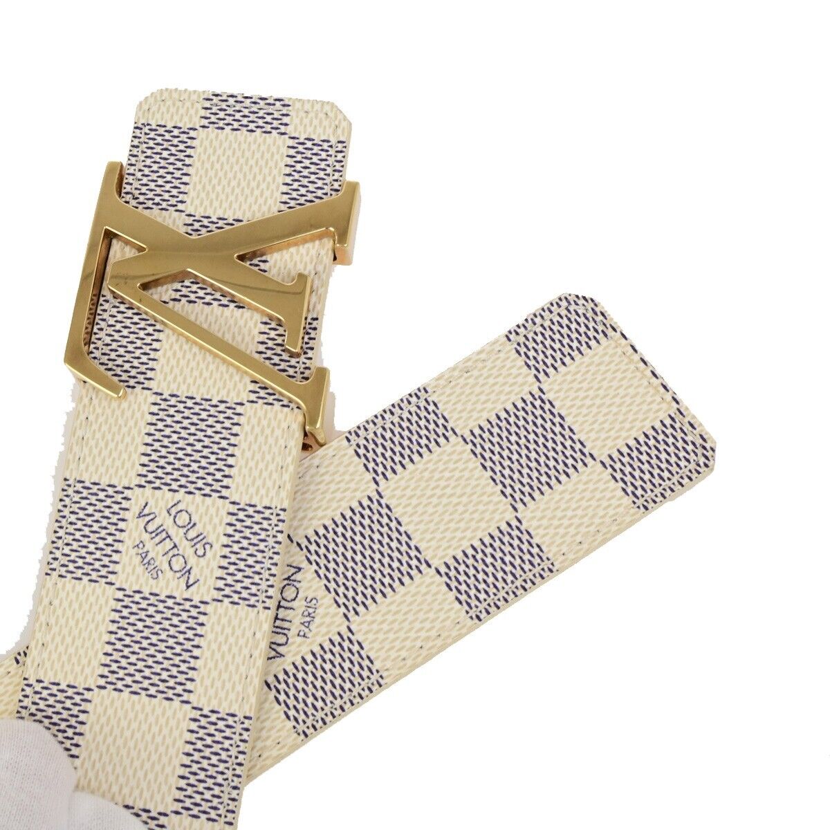 LOUIS VUITTON Ceinture Initiales Belt 100/40 Damier Azur Leather White 35FB275