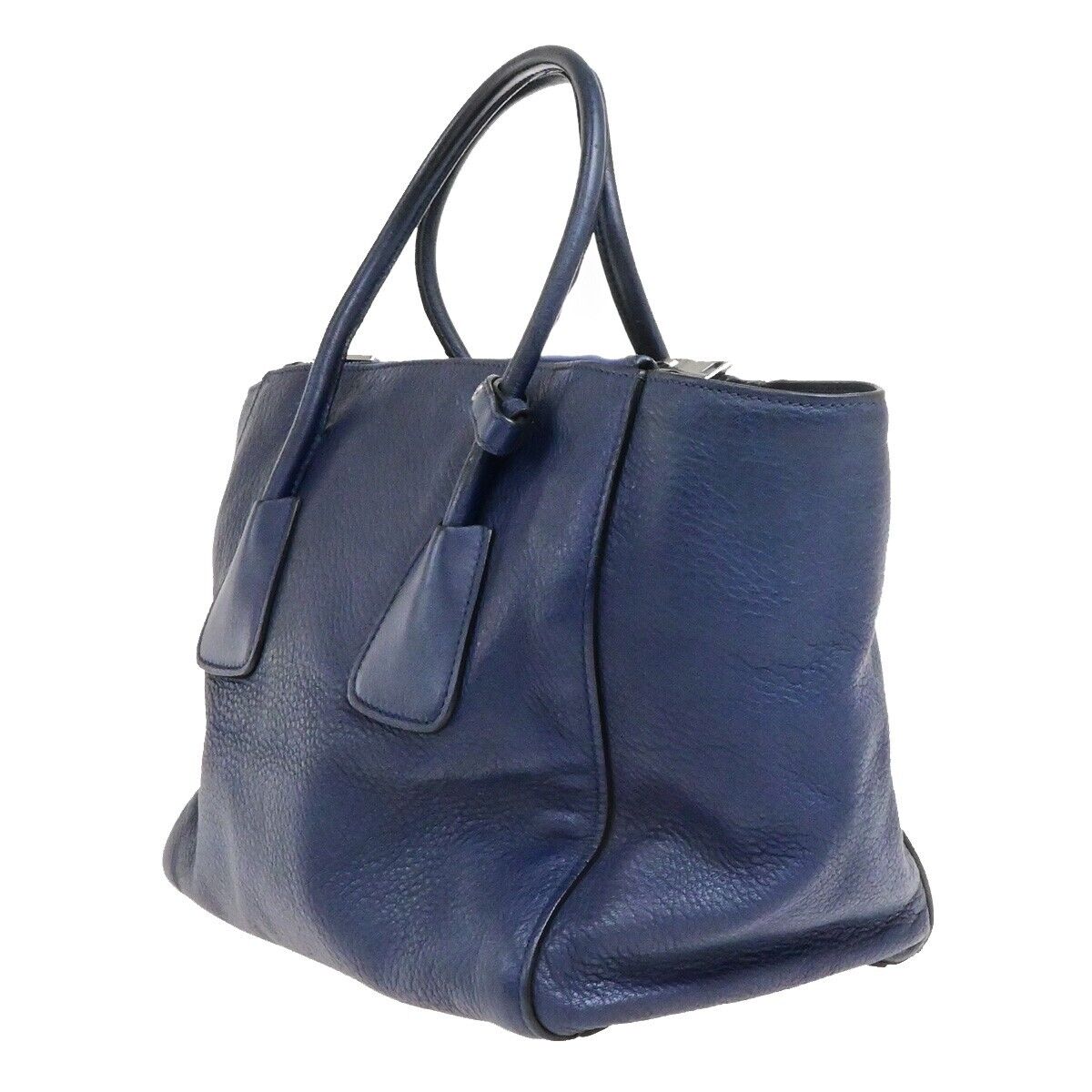 PRADA Milano Logo Shoulder Hand Bag Leather Navy Blue SHW Italy 31ED928