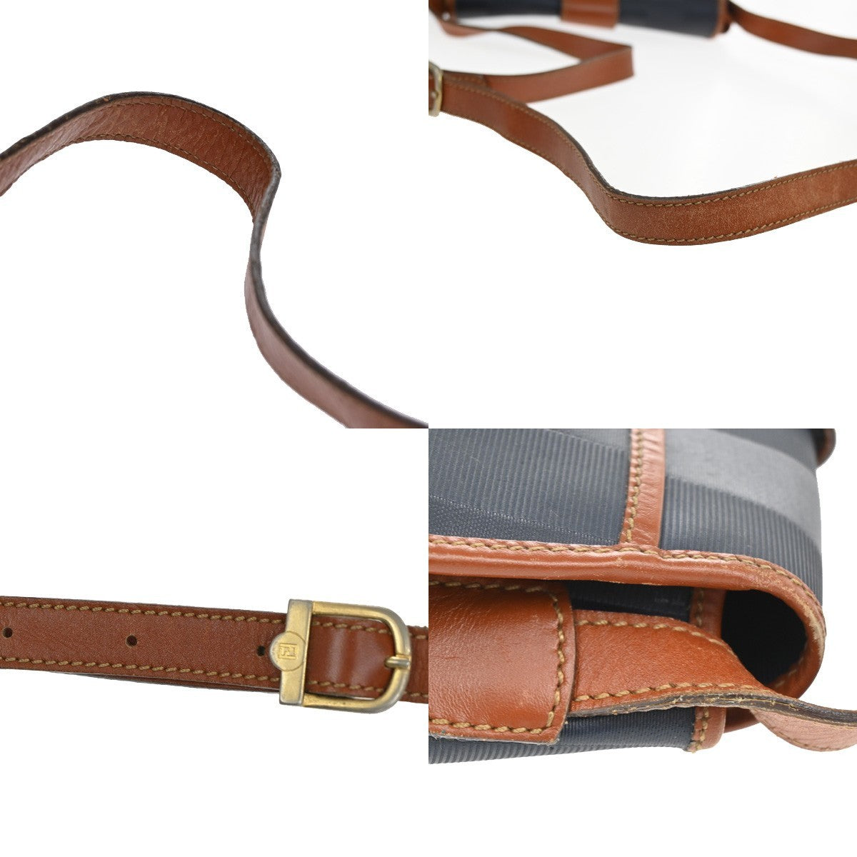 FENDI Pequin Pattern Shoulder Bag Canvas Leather Blue Brown GHW Italy 31TA412