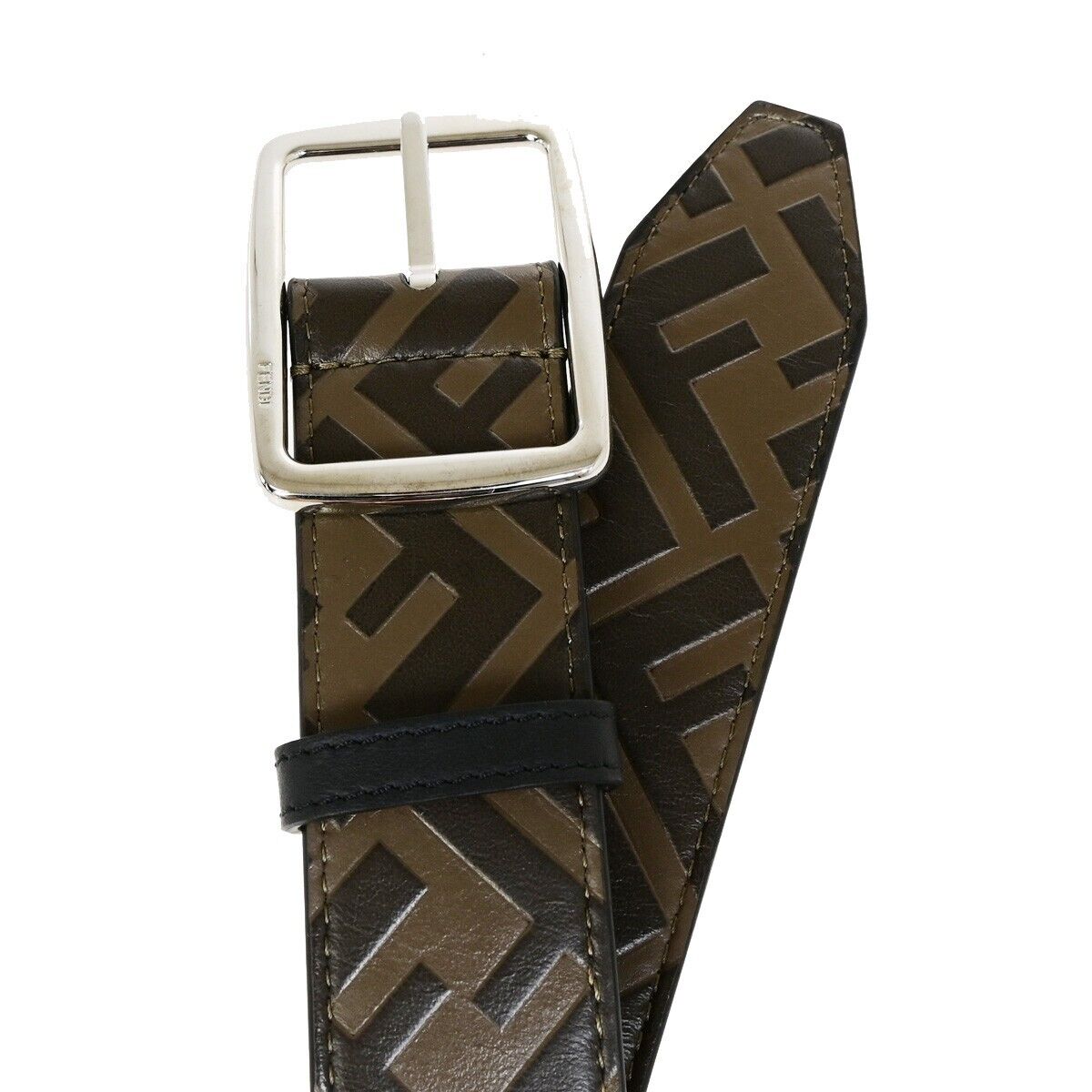 FENDI Logo Zucca Pattern Belt Buckle Leather #80/32 Black Brown SHW 37YF076