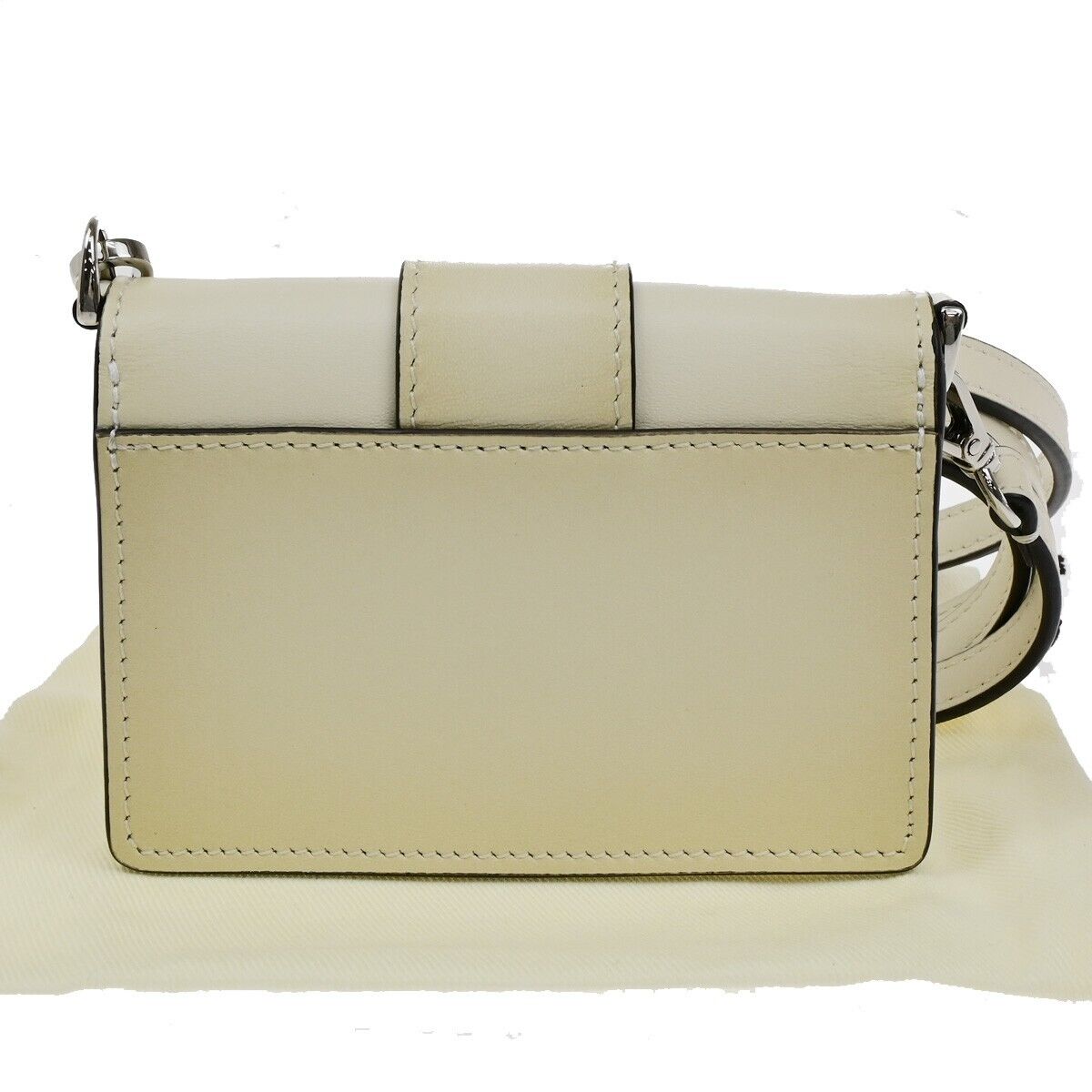 FENDI Logo Mini Flat Baguette Shoulder Bag Wallet Leather White 7M0311 89ED465