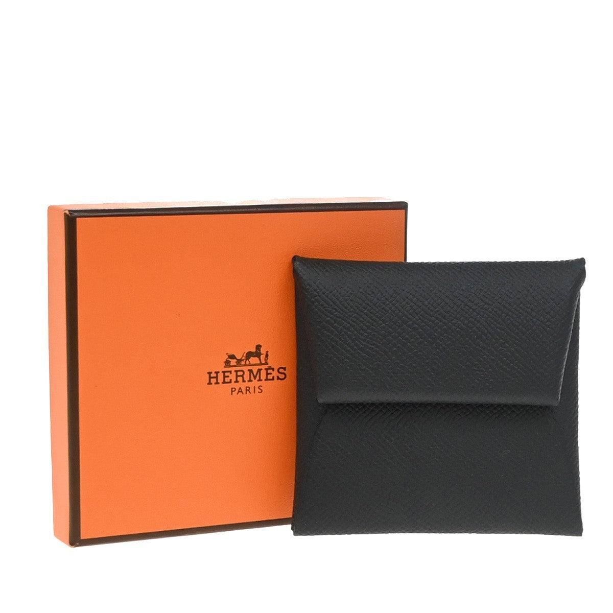 HERMES Logo Bastia Campact Wallet Coin Case Veau Epsom Leather Black 79LC620