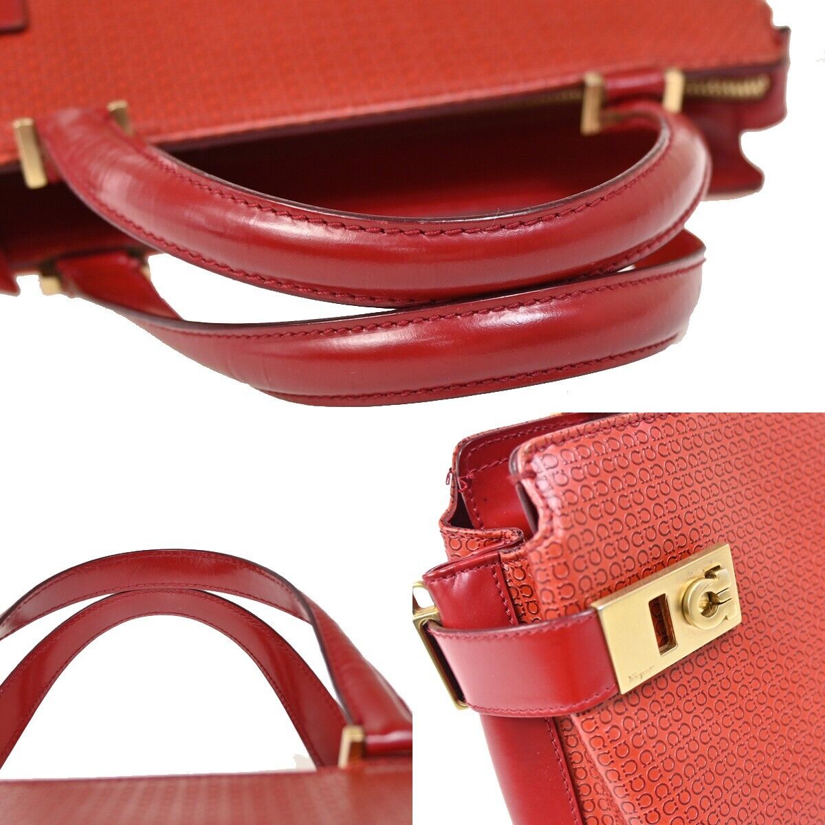 SALVATORE FERRAGAMO Logo Gancini Hand Bag Leather Red Gold Italy  66SH719