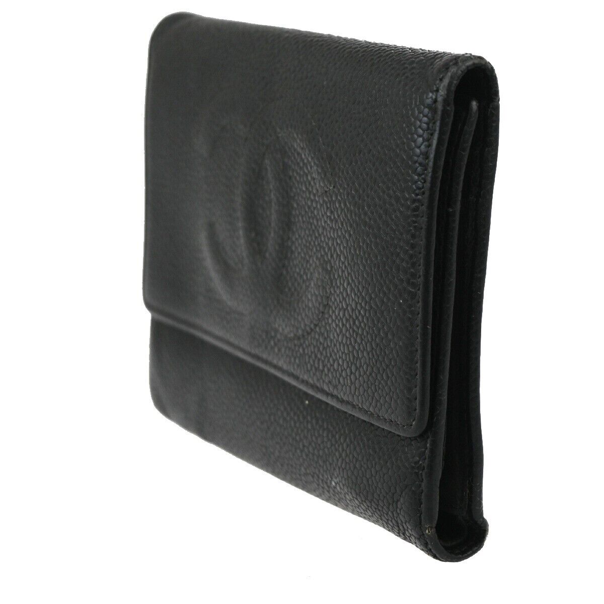 CHANEL CC Logo Trifold Wallet Purse Caviar Skin Leather Black GHW 02EA898