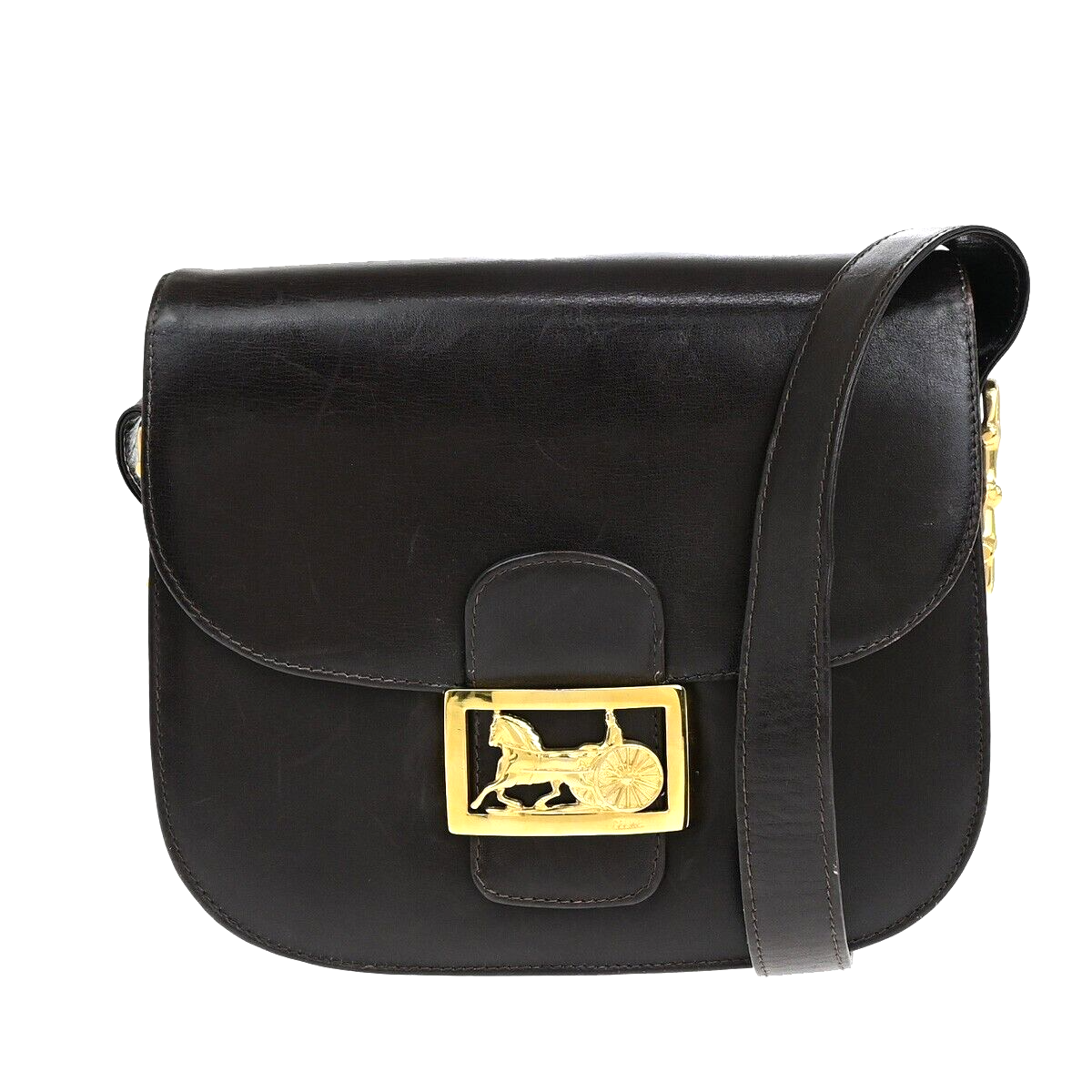 CELINE Logo Horse Carriage Shoulder Bag Leather Brown Gold Made in Italy 30EC868