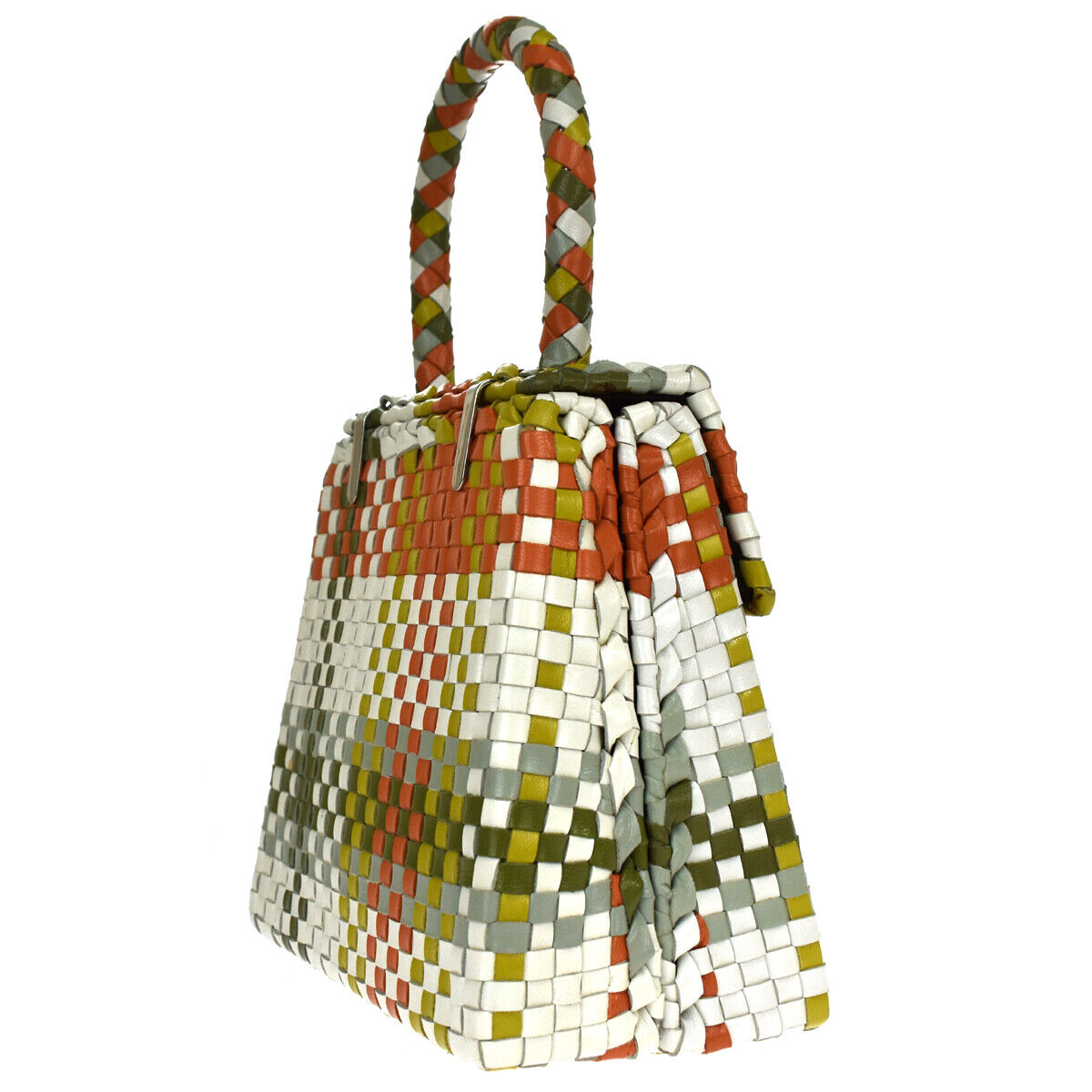 SALVATORE FERRAGAMO GANCINI HAND BAG LEATHER WHITE GREEN ORANGE ITALY 52LB626