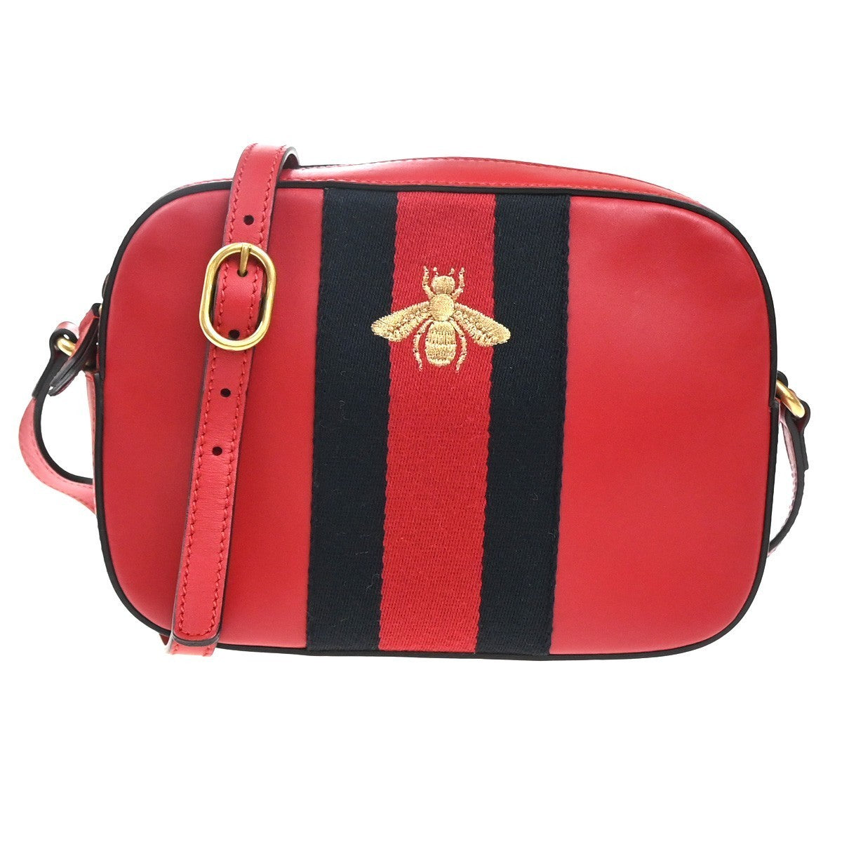 GUCCI Logo Webby Bee Crossbody Shoulder Bag Leather Red GHW 75EG318