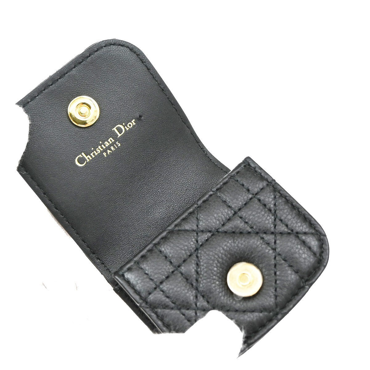 CHRISTIAN DIOR Logo Lady Cannage Air Pods Case Leather Black GHW Italy 82RF260