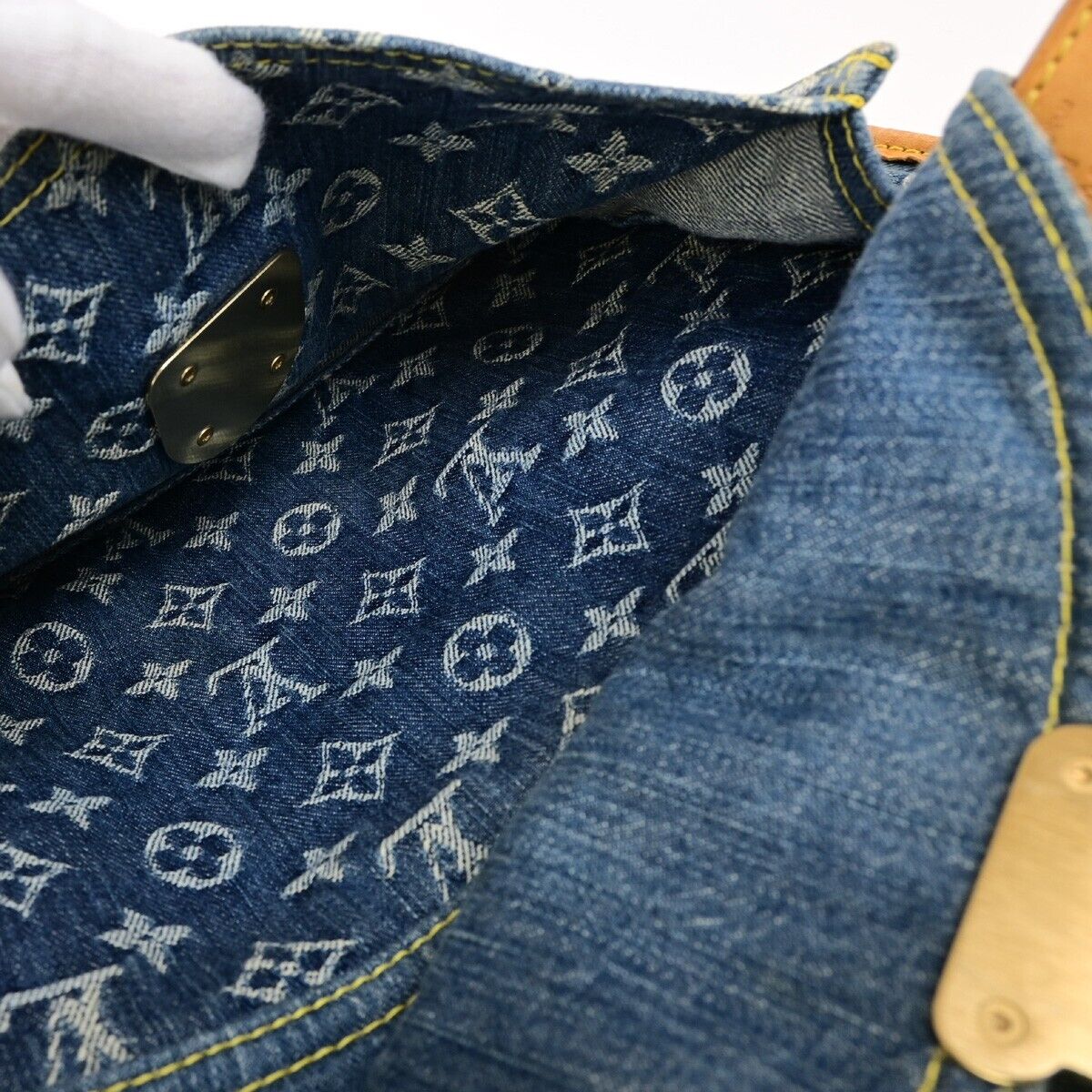 LOUIS VUITTON Flat Shopper Hand Bag Monogram Denim Leather Blue M95018 94EC948