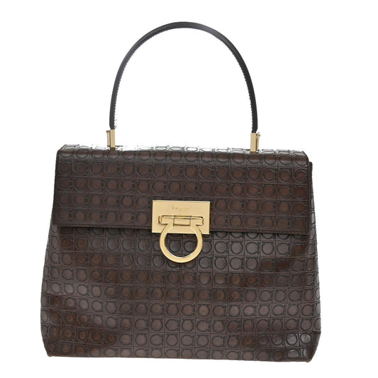 SALVATORE FERRAGAMO Logo Gancini Hand Bag Embossing Leather Brown GHW 31KA784