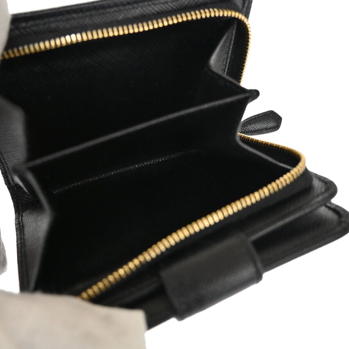 PRADA MILANO Bifold Wallet Purse Saffiano Leather Black Nero Gold Italy 86YD961