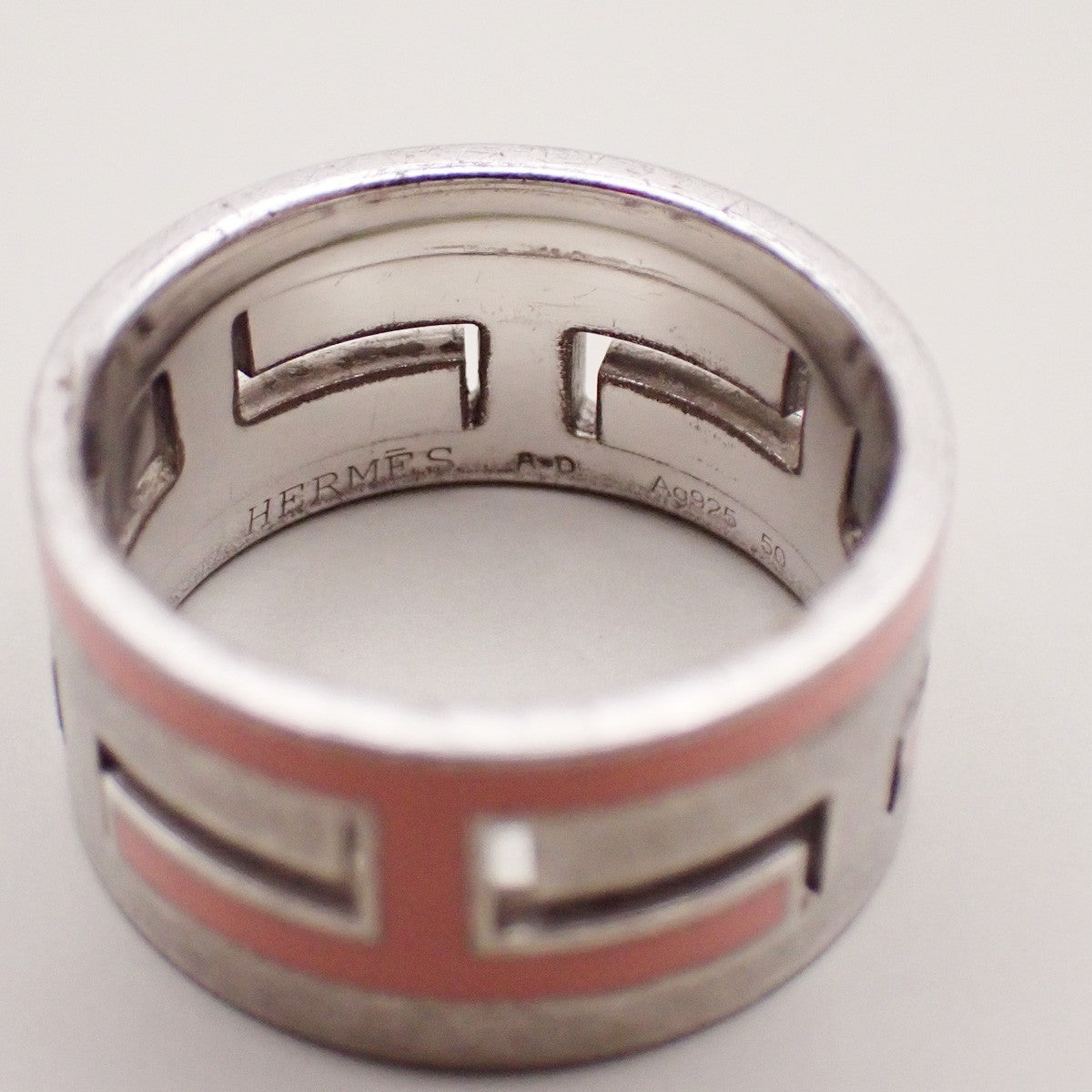 HERMES Logo Move H Ring Size 50 Silver 925  Pink Accessory 64RL361