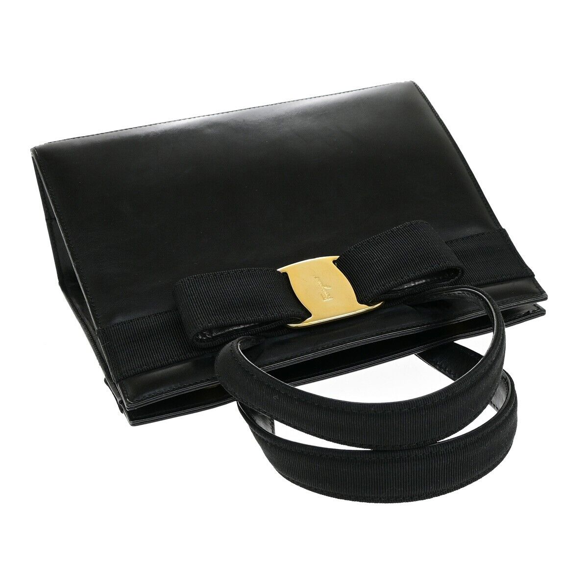 SALVATORE FERRAGAMO Logo Vara Hand Bag Canvas Leather Black Gold Italy 67ED785