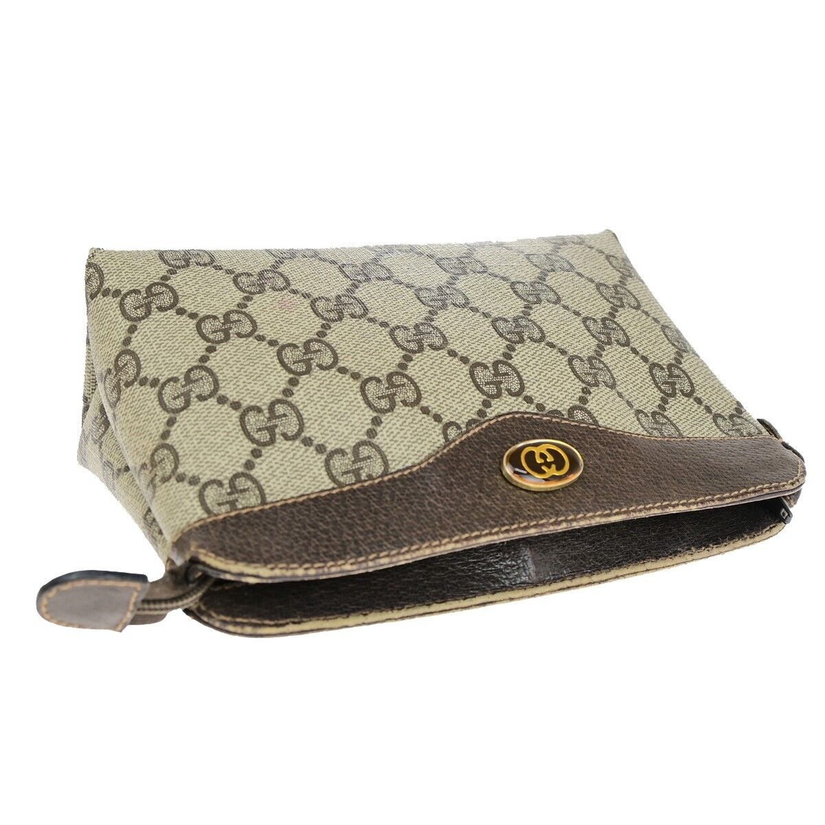 GUCCI Logo GG Pattern Pouch Bag PVC Leather Brown GHW Italy 05SH828