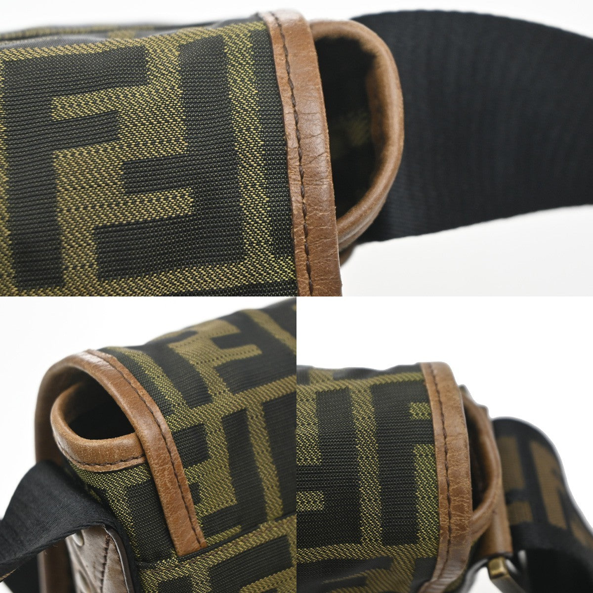 FENDI FF Logo Zucca Pattern Shoulder Bag Canvas Leather Khaki GHW Italy 71MA559