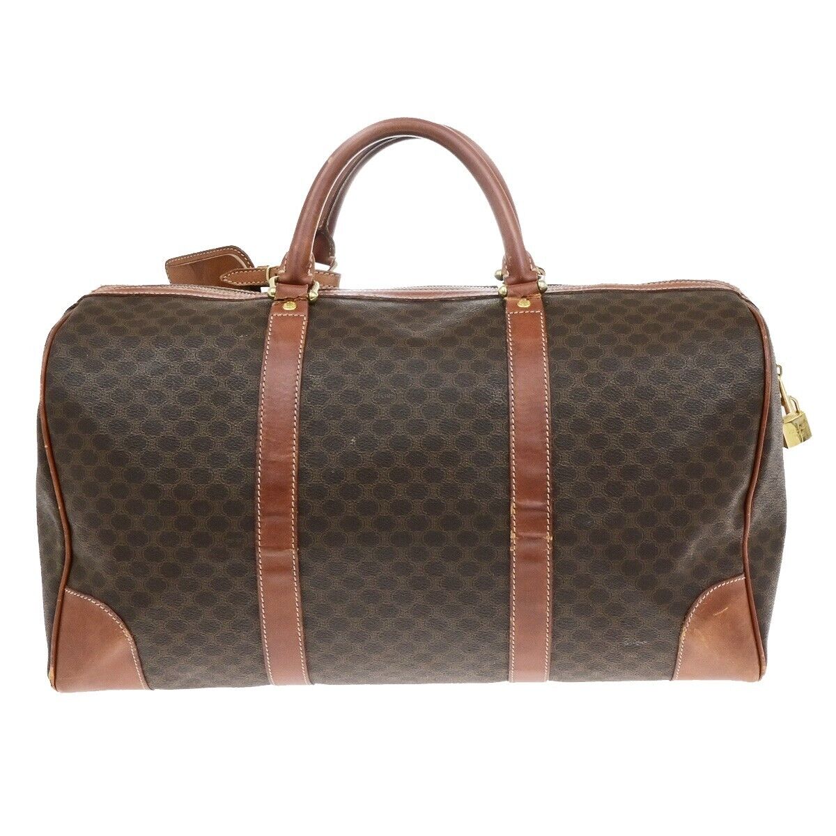 CELINE Macadam Pattern Travel Hand Bag PVC Leather Brown Gold Italy 64ED951
