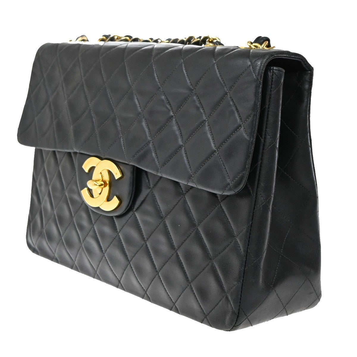CHANEL Maxi Jumbo Matelasse 34 Chain Shoulder Bag Leather Black Vintage 809RF950