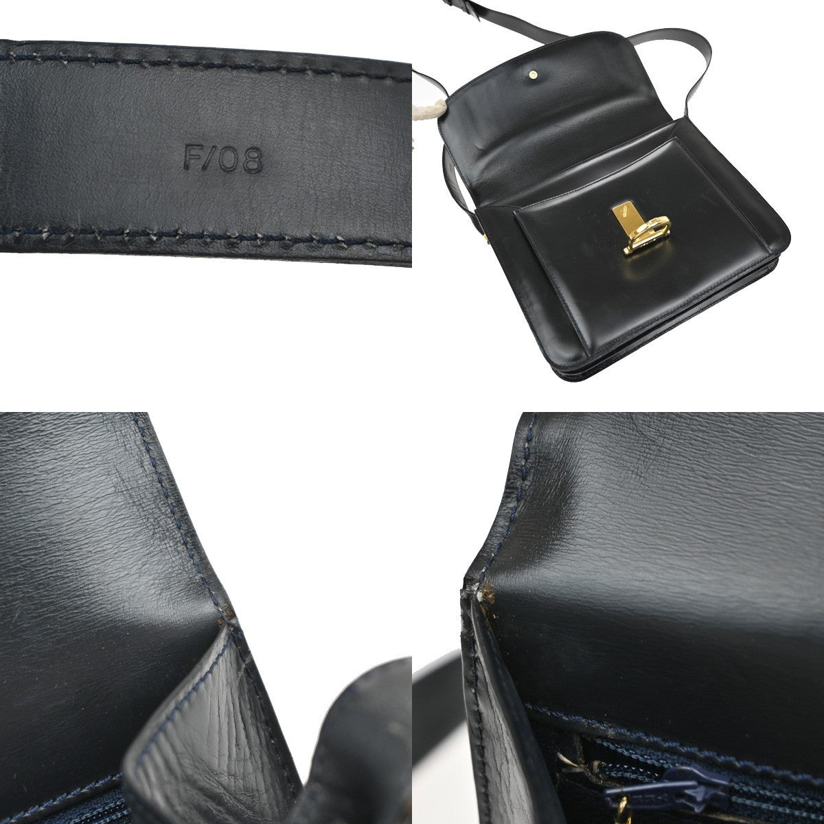 CELINE Logo Shoulder Bag Leather Blue GHW Italy 87EG397