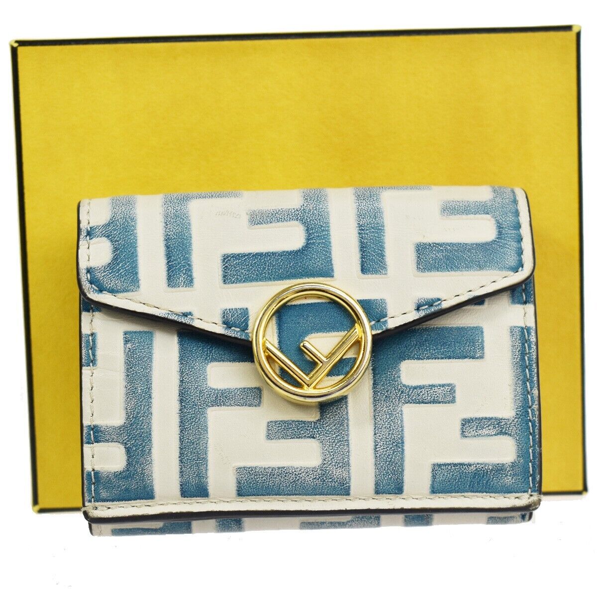 FENDI Zucca Pattern Mini Trifold Wallet Purse Leather Blue White Italy 61YD091