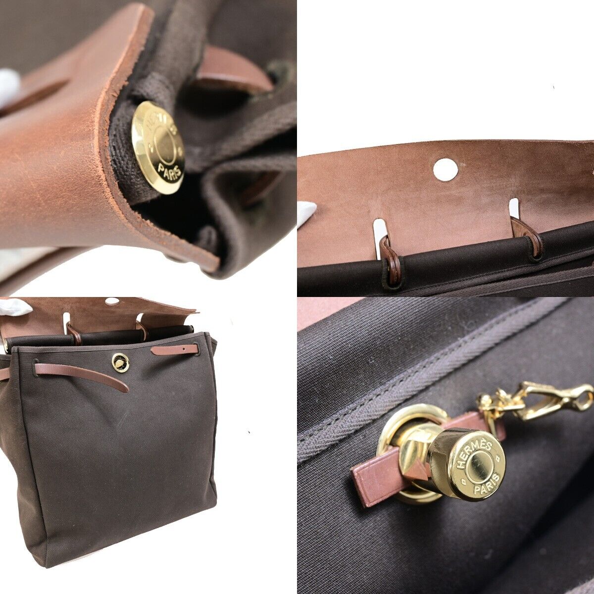 HERMES Logo Her Bag MM 2 In 1 Hand Tote Bag Toile Officier Leather Brown 29EB177