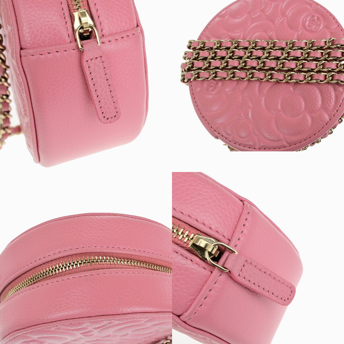 CHANEL CC Logo Camellia Round Mini Chain Shoulder Bag Grained Pink 337RK175