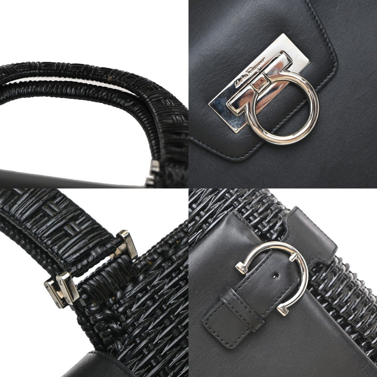 SALVATORE FERRAGAMO Gancini Hand Bag Leather Rattan Black SHW Italy 87RP105