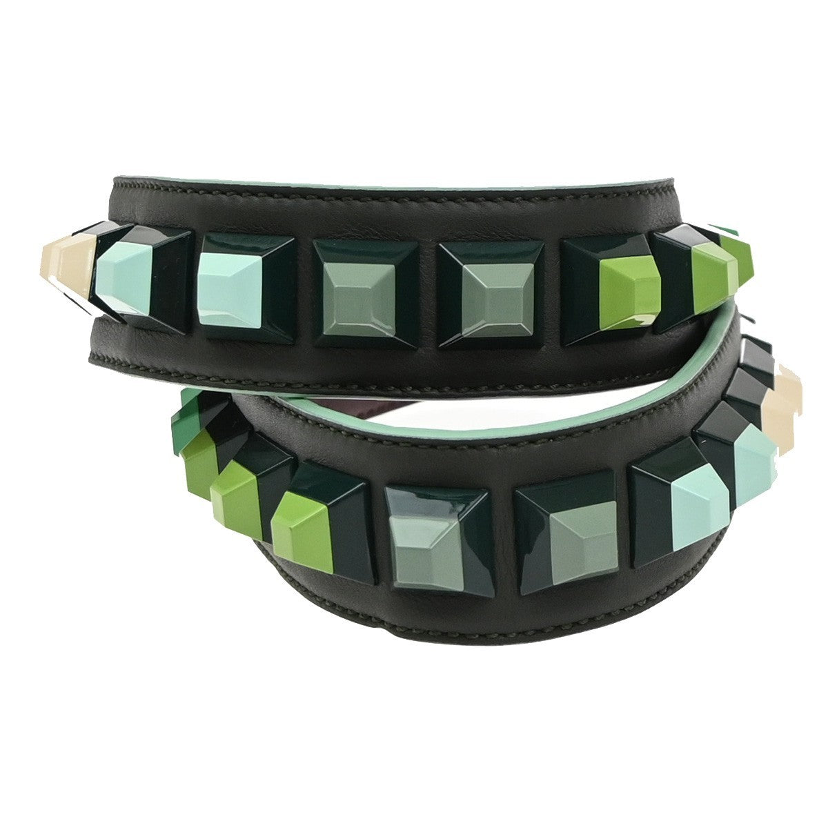 FENDI Logo Studs Bag Shoulder Strap Leather Plastic Green Brown GHW 65KP348